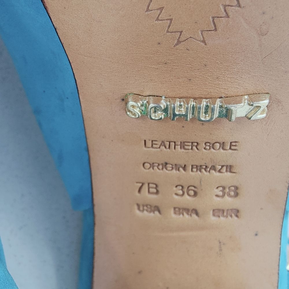 Schutz Turquoise Leather Textile Y2K Style Chunky Platform Peep Toe Heels, 7 - Picture 12 of 15